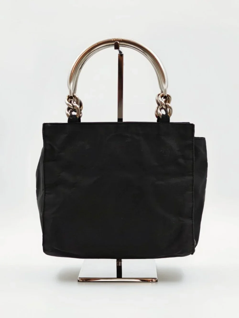 Prada Black Nylon Mini Tote Bag Silver Chain Handle Triangle Logo
